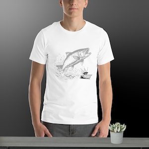 Fishing T-Shirt for Men | Vintage Salmon Jump Design | Gift for Fisherman | Boat and Fish Tee | Outdoors Nature Shirt
