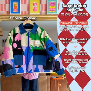 Peut inclure: Veste de style "Barn Jacket" colorée avec un motif floral et abstrait, col et poches en jean bleu. La veste a une fermeture éclair et affiche le texte "Barn Jacket Stéphane" et "3 Collar Options".