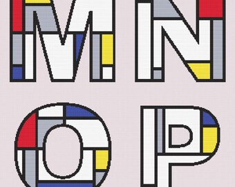 Mondrian-inspiriertes Alphabet Kreuzstichmuster – Buchstaben M N O P – PDF Digital Download – Modernes Primär-Farbdesign