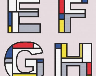 Mondrian-inspiriertes Alphabet Kreuzstichmuster - Buchstaben E F G H - PDF Digital Download - Modernes Primär-Farbdesign