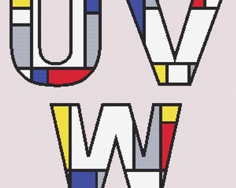 Mondrian-inspiriertes Alphabet Kreuzstichmuster – Buchstaben U V W – PDF Digital Download – Modernes Primär-Farbdesign