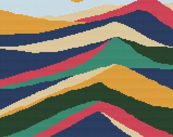 Minimalistische Landschaft der 50er Jahre, Teil 2 – digitales Kreuzstichmuster der Mitte des Jahrhunderts