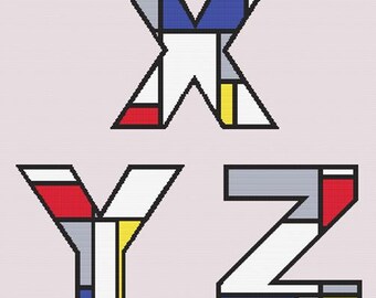 Mondrian inspiriertes Alphabet Kreuzstichmuster - Buchstaben X Y Z - PDF Digital Download - Modernes Primärfarben-Design