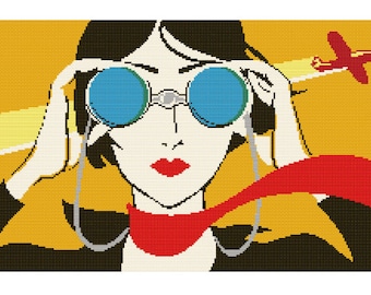 Vintage Spionin Fernglas Lady Kreuzstichmuster - Digital Download Art Deco Stil