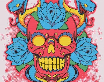Totenkopf Tattoo Kreuzstich Muster - Lebendiger digitaler Download - Buntes, modernes Tattoo-inspiriertes Design
