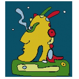 Könnte beinhalten: Eine skurrile Comicfigur mit gelbem Körper, grünen Augen und roten Akzenten, die auf einer grünen Plattform mit einem gelben Auge steht. Die Figur hat blauen Rauch, der aus ihrem Kopf kommt.