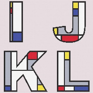 May include: Four letters, I, J, K, and L, are displayed in a geometric, abstract style. Each letter is composed of white, gray, red, blue, and yellow blocks, outlined in black, against a light pink background. The design resembles a cross-stitch pattern.
