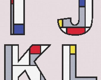 Mondrian-inspiriertes Alphabet Kreuzstichmuster - Buchstaben I J K L - PDF Digital Download - Modernes Primär-Farbdesign