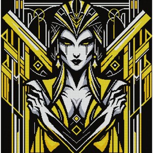 May include: A stylized illustration of a woman with a geometric design in black, white, and yellow. The woman is wearing a crown and has a serious expression. The background is a black and white geometric pattern.