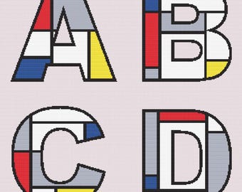 Mondrian inspiriertes Alphabet Kreuzstichmuster - Buchstaben A B C D - PDF Digital Download - Modernes Primärfarben-Design