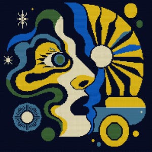 Könnte beinhalten: Abstrakter Kunstdruck mit einem stilisierten Gesicht in Gelb, Blau und Grün auf dunkelblauem Hintergrund. Das Gesicht ist von geometrischen Formen und Sternen umgeben.