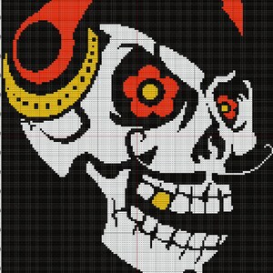 Könnte beinhalten: Ein weißer Schädel mit einem roten und gelben Bandana, einer roten Blume und einem goldenen Zahn. Der Schädel befindet sich auf einem schwarz-weißen Gitterhintergrund.
