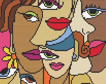 Gesichter Kreuzstich Muster - Digital Download - Abstraktes Portrait Kunst Design