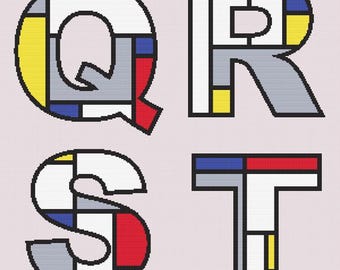 Mondrianinspirerat korsstygnsmönster för alfabetet – Bokstäverna Q R S T – PDF digital nedladdning – Modern primärfärgsdesign