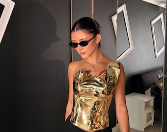 Corsé de armadura con espejo dorado, top de peto futurista hecho a mano
