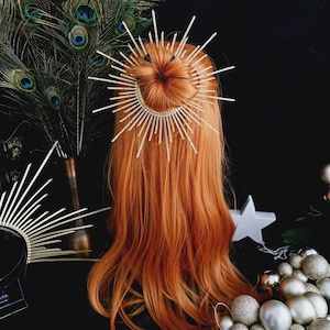 Saints Mary Golden Crown beautiful gold halo bun rhinestones, Halo Hair Bun Band, Gold Zip Tie Crown Christmas Bun halo, Golden bun halo