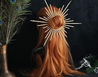 Dutt-Heiligenschein, goldener Dutt-Heiligenschein, Heilige-Maria-Krone, wunderschöne goldene Heiligenschein-Dekoration mit Strasssteinen