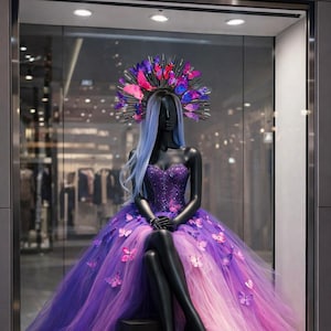 May include: A black mannequin wearing a strapless purple gown with a layered skirt that fades from purple to pink. The bodice is embellished with sequins. The mannequin has blue hair and a butterfly crown.