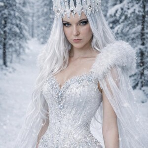 May include: A white gown featuring intricate silver and crystal embellishments, a sweetheart neckline, and a sheer cape with a faux fur collar. The ensemble includes a tall, jagged, crystalline crown and long, flowing white hair.