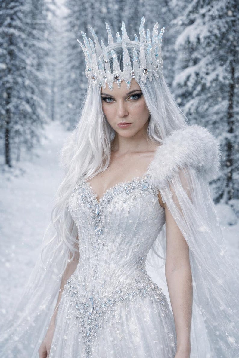 May include: A white gown featuring intricate silver and crystal embellishments, a sweetheart neckline, and a sheer cape with a faux fur collar. The ensemble includes a tall, jagged, crystalline crown and long, flowing white hair.