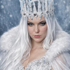 May include: A crown featuring tall, jagged, translucent icicle-like spikes adorned with clear faceted crystals and small silver beads. The crown is worn with a white faux fur-trimmed cape and a bodice embellished with intricate silver beadwork.