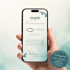 Digitale Einladungskarte zur Kommunion | Einladung in Petrol Grün Beige | personalisierte eCard | einfach per WhatsApp versenden