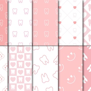 Peut inclure: Plusieurs motifs roses et blancs sur le thème dentaire. Les motifs comprennent des dents, des cœurs et des visages souriants répétés. Ces motifs conviennent à diverses applications, telles que le tissu ou le papier peint.