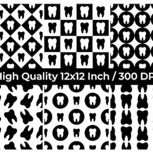 Op de afbeelding: Een verzameling zwart-witte patronen met tandmotieven. De ontwerpen bevatten herhaalde tandvormen in verschillende arrangementen, zoals dambordpatronen, cirkels en abstracte vormen. De tekst "High Quality 12x12 Inch / 300 DPI" wordt weergegeven.