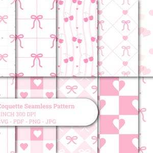 May include: A collection of pink and white seamless patterns. Designs include bows, hearts, cherries, and grid patterns. The text "Pink Coquette Seamless Pattern" is displayed, along with dimensions and file types.