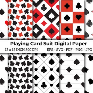 May include: Digital paper featuring playing card suits in red, black, and white. The designs include hearts, diamonds, clubs, and spades in various patterns. The text "Playing Card Suit Digital Paper" is displayed.