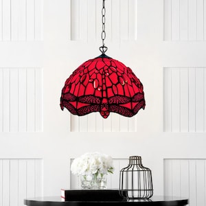 10 Inch Tiffany Style Red Dragonfly Stained Glass Pendant Light for living room