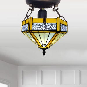 Tiffany Yellow Hexagon Ceiling Lamp 10 inch Stained Glass Shade Antique Style