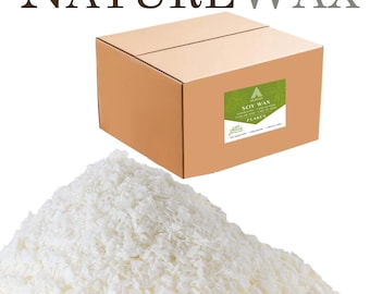 May include: A large brown cardboard box labeled NatureWax and Soy Wax Flakes, positioned above a pile of white, irregular soy wax flakes. The green product label features white text and icons, including the words Soy Wax and Flakes.