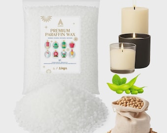 May include: A bag of white paraffin wax beads with a label that reads "Premium Paraffin Wax". Several lit candles in different containers are displayed, along with soybeans and a small burlap sack filled with soybeans.