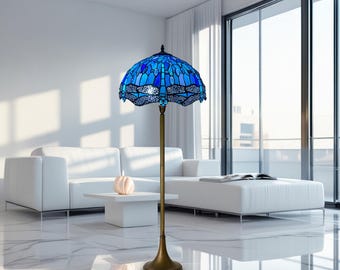 Niebieska lampa podłogowa w stylu Tiffany, 16 cali, witraż, dekoracja domowego biura w Wielkiej Brytanii