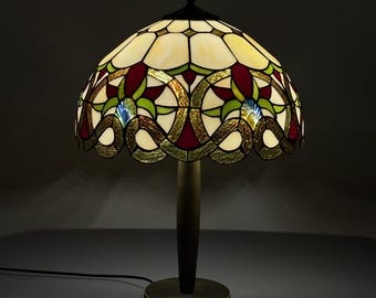 Handgemaakte tafellamp in Tiffany-stijl – 16" glas-in-lood bloemenkap met volledig metalen lampvoet