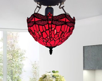 Red Dragonfly Antique Tiffany-Style Stained Glass Ceiling Lamp Shade 10" – Vintage UK Lighting