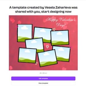 May include: A Valentine's Day template with seven photo frames, each with a landscape scene, arranged on a pink background with hearts. The text "Happy Valentine's Day!" is displayed. The template is 9.84 x 7.87 inches.