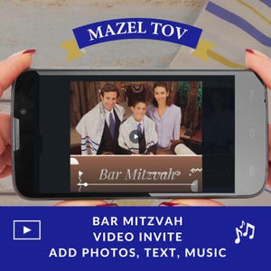 Bar Micwa Cyfrowe Zaproszenie - Żydowskie Urodzinowe Wideo Zaproszenie, Tekst Hebrajski, Spersonalizowane Zdjęcia i Muzyka, Mazel Tov Gratulacje Karta
