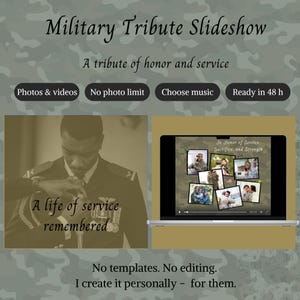 May include: A military tribute slideshow advertisement with text that reads "Military Tribute Slideshow" and "A tribute of honor and service." The image includes a photo of a person in uniform and a laptop displaying photos. Text includes "Photos & videos," "No photo limit," and "Choose music."