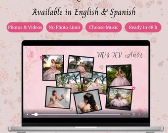 Personalized Quinceañera Video Slideshow, Custom Music and Limitless Photos, Ready 48, English and Spanish