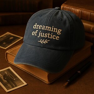 May include: A dark navy blue baseball cap featuring the embroidered text "dreaming of justice" in a light beige thread, positioned above a small, simple embroidered sprig design. The cap has a curved brim and a structured six-panel crown.
