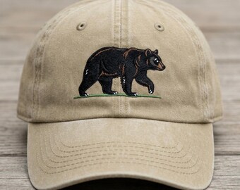 Embroidered Black Bear Hat, Wildlife Nature Gift, Mountain Animal Wash Dad Cap, Forest Grizzly Bear Accessory