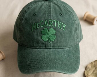 McCarthy Surname Hat, Custom Irish Name Cap, Embroidered Shamrock Name Hat, St Patricks Day Family Gift, Washed Green Dad Cap, Irish Pride
