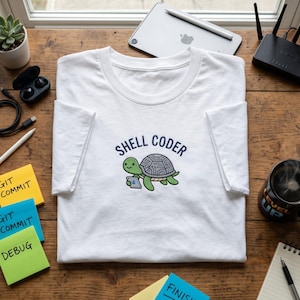 May include: White crew neck t-shirt with a cartoon turtle design and the text "SHELL CODER". The turtle is green and grey, holding a tablet. The shirt is displayed on a wooden surface, alongside tech accessories and sticky notes.