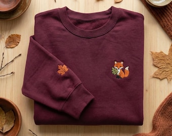 Embroidered Fox Sweatshirt, Fall Leaf Hoodie, Autumn Nature Lover Gift, Woodland Animal Crewneck, Minimalist Fox Embroidery