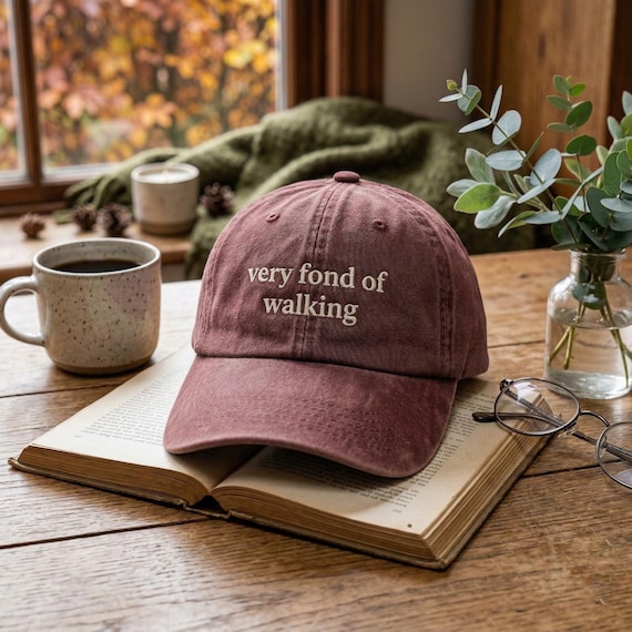 Very Fond of Walking Embroidered Hat, Washed Dad Cap, Walking Aesthetic, Gift for Ramblers, Minimalist Hiking Cap, Vintage Distressed Hat