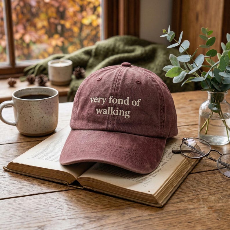 Very Fond of Walking Embroidered Hat, Washed Dad Cap, Walking Aesthetic, Gift for Ramblers, Minimalist Hiking Cap, Vintage Distressed Hat bild 1