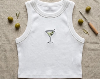 Embroidered Cocktail Tank Top, Preppy Summer Ribbed Cami, Martini Glass Embroidery Shirt, Coastal Beach Vacation Gift for Women