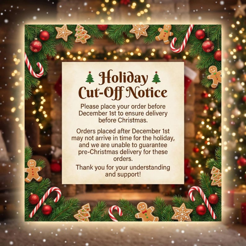 Puede incluir: Un aviso de corte de pedidos navide&ntilde;os, rodeado de decoraciones festivas. El texto sobre un fondo crema indica que se debe pedir antes del 1 de diciembre para asegurar la entrega antes de Navidad. Hombres de jengibre, bastones de caramelo y adornos decoran el borde.